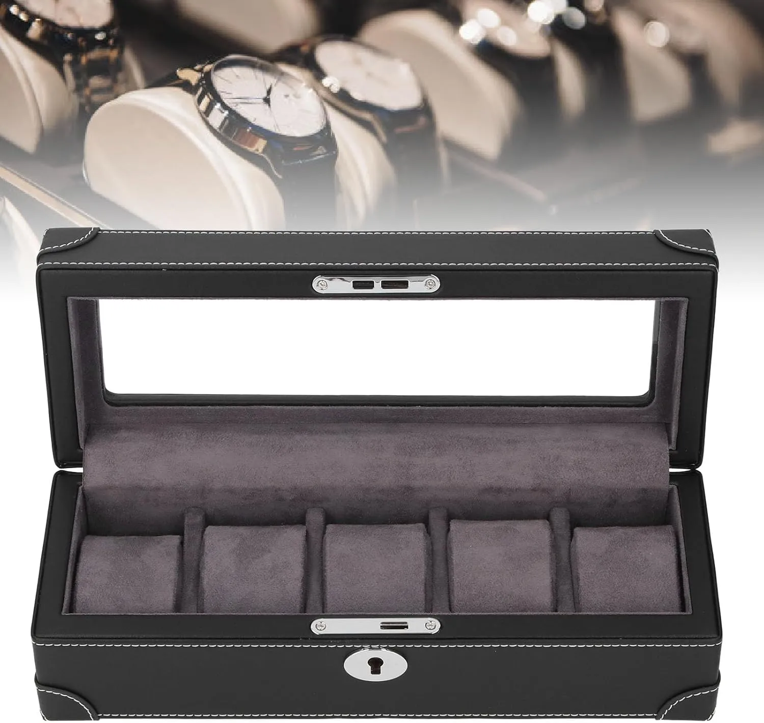 Box, 5 Slot Case for Mechanical Watch, Transparent Glass Window Design, Soft Plush Lining, Lightweight Organizer Watch Case Organizer for Travel Premium asymmetrical pupil Microfiber Leather Watch 
