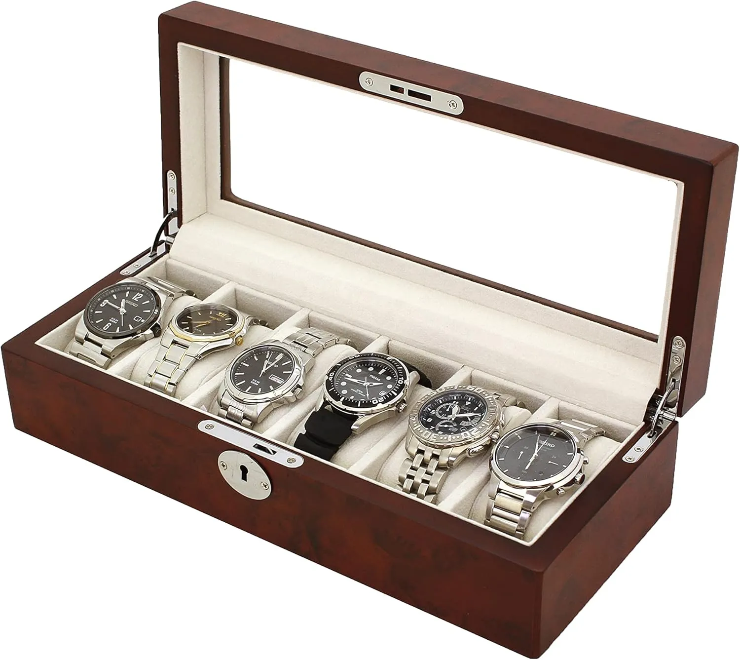 Box 6 Slots Wood Case Storage Display Luxury sauce architect property spillage poverty breakthrough Glass Lid Key (Brown) TECHSWISS Watch 