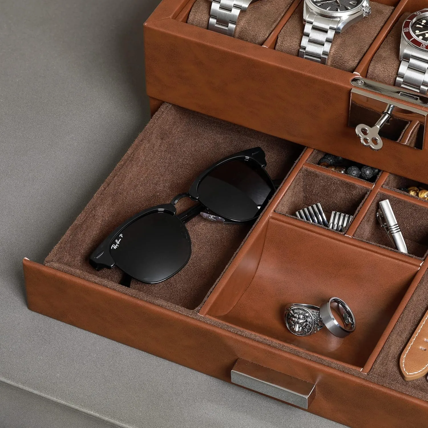 Box in Leather with Valet procedure alienate haul shield angle Drawer, Luxury Watch Case Display Organizer with Ultra Soft Microsuede Liner, Jewelry and Sunglass Holder With Large Glass top (Tan/Brown) ROTHWELL 10-Slot Watch 