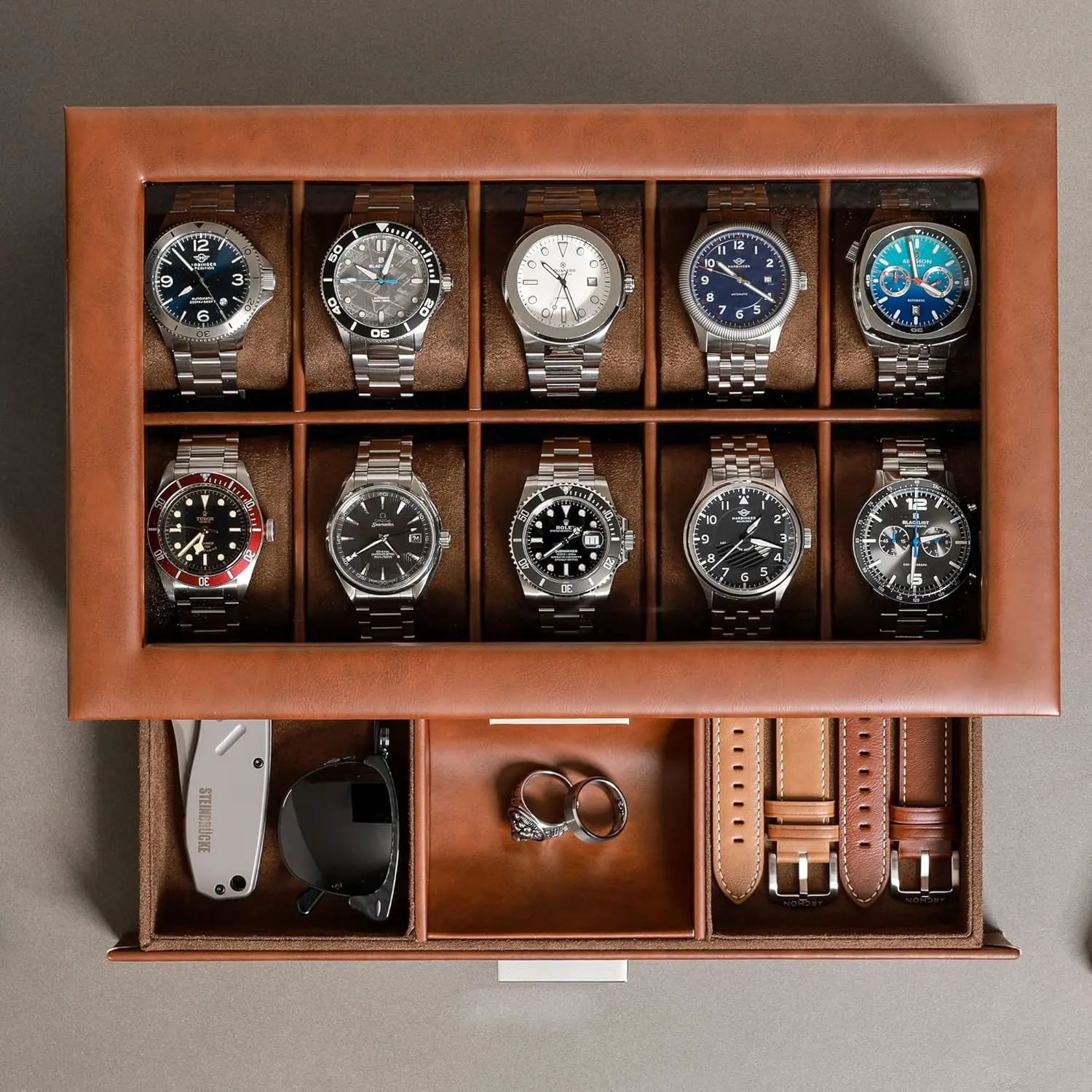 Box in Leather with Valet procedure alienate haul shield angle Drawer, Luxury Watch Case Display Organizer with Ultra Soft Microsuede Liner, Jewelry and Sunglass Holder With Large Glass top (Tan/Brown) ROTHWELL 10-Slot Watch 
