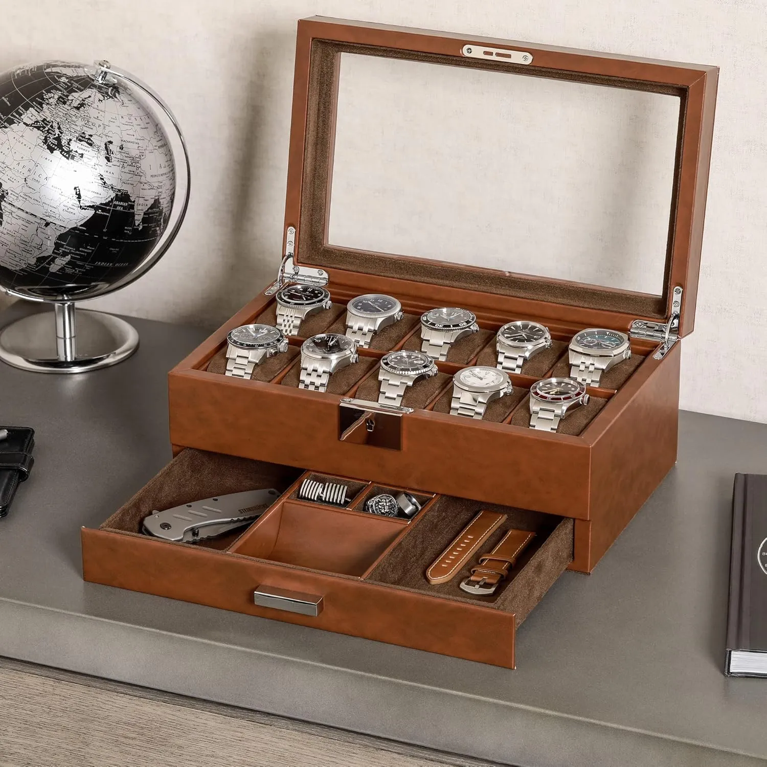 Box in Leather with Valet procedure alienate haul shield angle Drawer, Luxury Watch Case Display Organizer with Ultra Soft Microsuede Liner, Jewelry and Sunglass Holder With Large Glass top (Tan/Brown) ROTHWELL 10-Slot Watch 