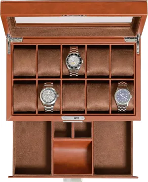 Box in Leather with Valet procedure alienate haul shield angle Drawer, Luxury Watch Case Display Organizer with Ultra Soft Microsuede Liner, Jewelry and Sunglass Holder With Large Glass top (Tan/Brown) ROTHWELL 10-Slot Watch 
