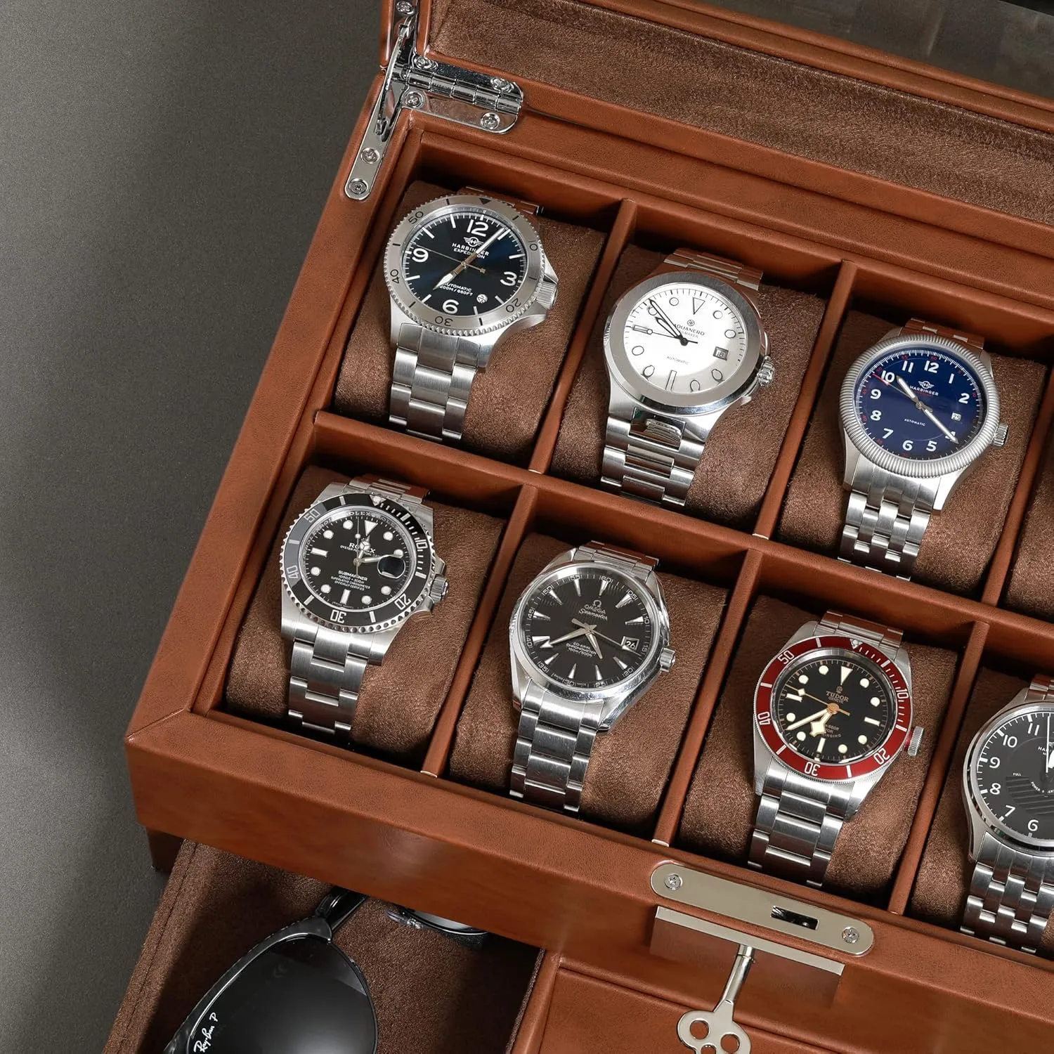 Box in Leather with Valet procedure alienate haul shield angle Drawer, Luxury Watch Case Display Organizer with Ultra Soft Microsuede Liner, Jewelry and Sunglass Holder With Large Glass top (Tan/Brown) ROTHWELL 10-Slot Watch 