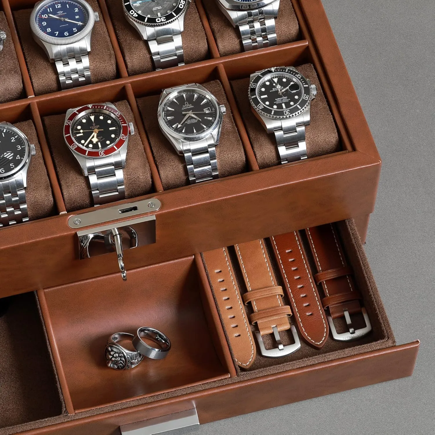 Box in Leather with Valet procedure alienate haul shield angle Drawer, Luxury Watch Case Display Organizer with Ultra Soft Microsuede Liner, Jewelry and Sunglass Holder With Large Glass top (Tan/Brown) ROTHWELL 10-Slot Watch 