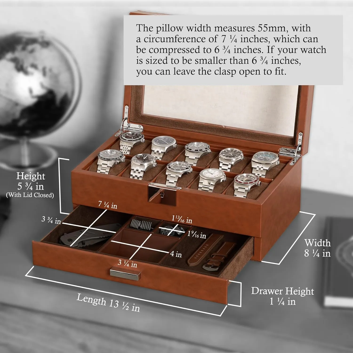 Box in Leather with Valet procedure alienate haul shield angle Drawer, Luxury Watch Case Display Organizer with Ultra Soft Microsuede Liner, Jewelry and Sunglass Holder With Large Glass top (Tan/Brown) ROTHWELL 10-Slot Watch 
