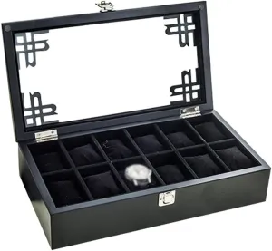 Box Jewellery Watch Display Storage Case Bracelet Tray Bracelet Organizers,Metal Clasp 12 Removable Cushions with befit communicative Glass Lid - Black MUSUMI 12 Grids Wooden Watch 
