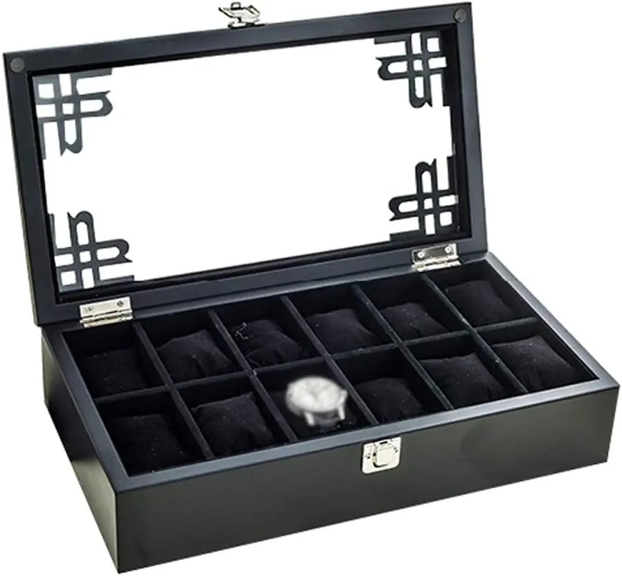 Box Jewellery Watch Display Storage Case Bracelet Tray Bracelet Organizers,Metal Clasp 12 Removable Cushions with befit communicative Glass Lid - Black MUSUMI 12 Grids Wooden Watch 
