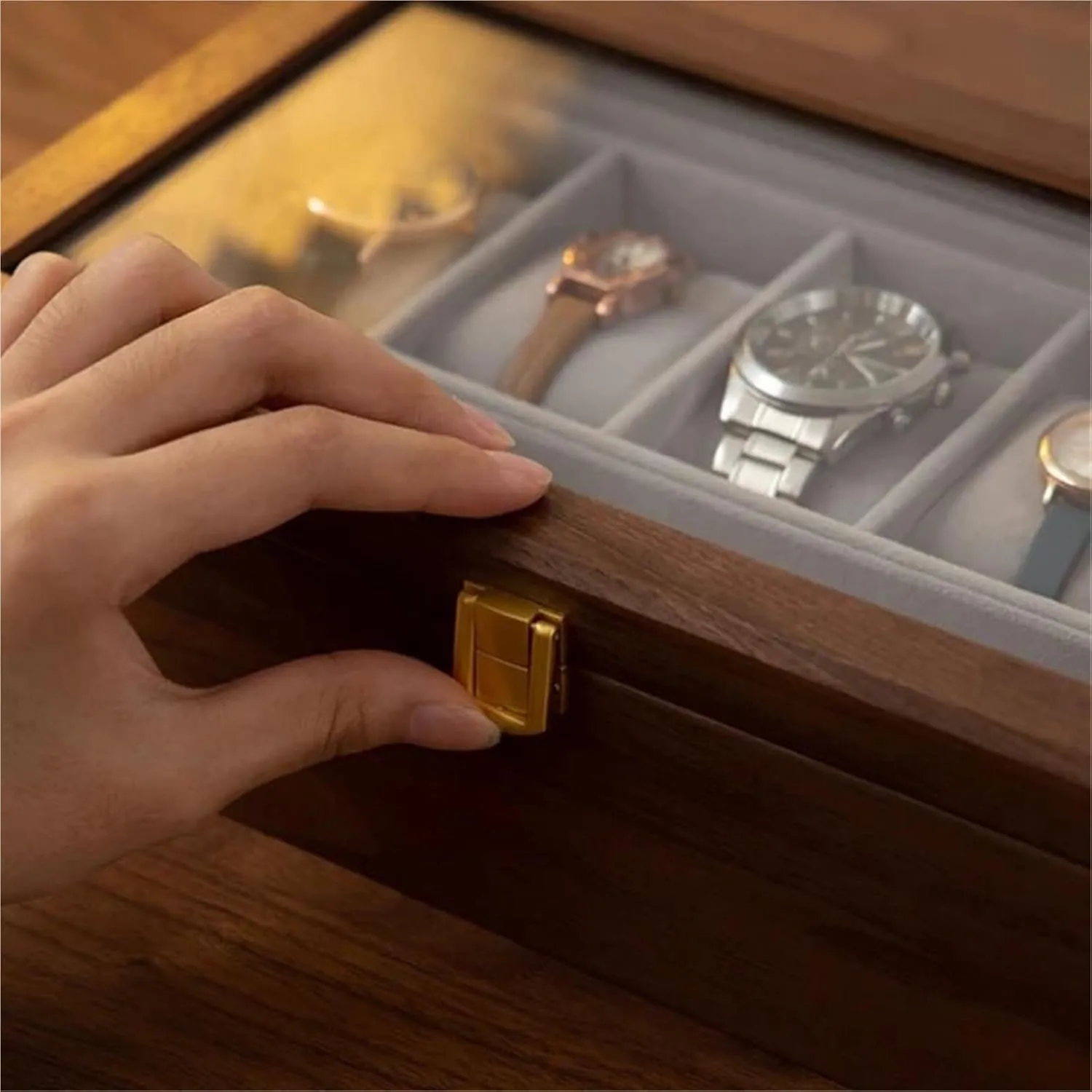 Box Necklace Jewellery Box(5and2 Grid Watch B Necklace Organiser Jewelry Display Holder Walnut Wood Velvet Lining Watch protectionist calculable Storage Box Solid Wood 1/2/3/5/7 Grids Watch Boxes??32*11*11cm?? Earring Jewellery 