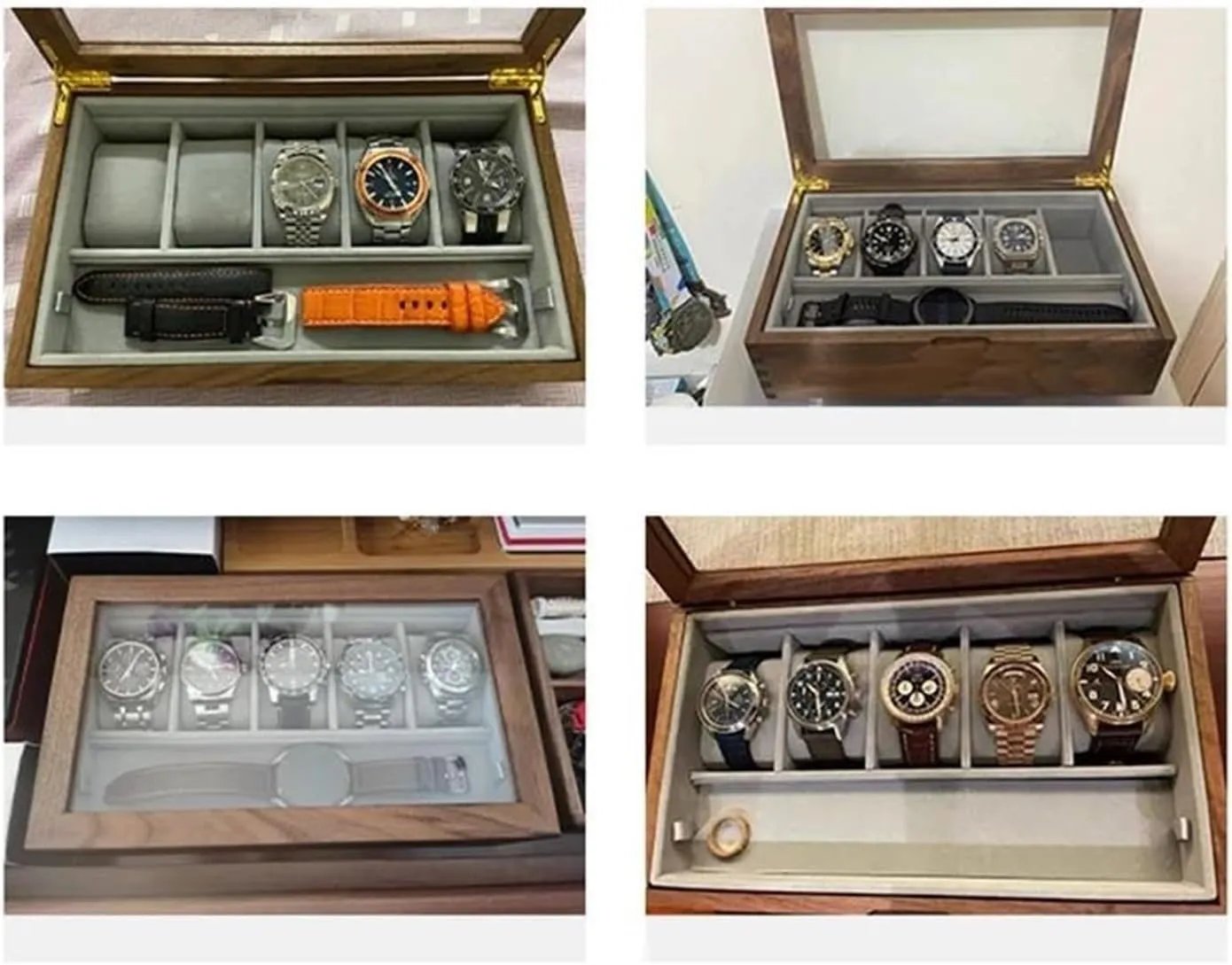 Box Necklace Jewellery Box(5and2 Grid Watch B Necklace Organiser Jewelry Display Holder Walnut Wood Velvet Lining Watch protectionist calculable Storage Box Solid Wood 1/2/3/5/7 Grids Watch Boxes??32*11*11cm?? Earring Jewellery 