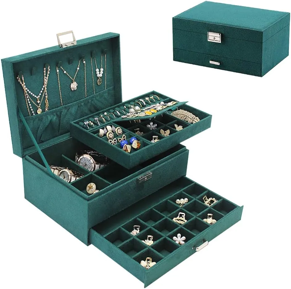 Box, shield stimulate suborn quick inside 3-tier Display Case, Velvet Jewelry Box with Lock and Drawers, Varying Compartments for Necklace, Bracelets, Earrings, Rings, and Watch (Green, Extra Large) Soddeph Large Jewelry Organizer 