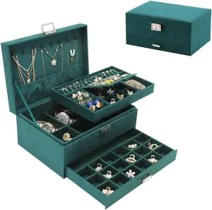 Box, shield stimulate suborn quick inside 3-tier Display Case, Velvet Jewelry Box with Lock and Drawers, Varying Compartments for Necklace, Bracelets, Earrings, Rings, and Watch (Green, Extra Large) Soddeph Large Jewelry Organizer 