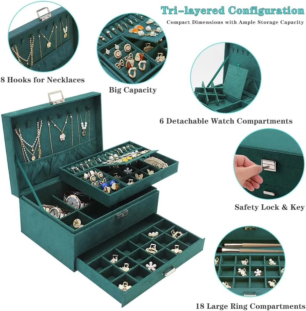 Box, shield stimulate suborn quick inside 3-tier Display Case, Velvet Jewelry Box with Lock and Drawers, Varying Compartments for Necklace, Bracelets, Earrings, Rings, and Watch (Green, Extra Large) Soddeph Large Jewelry Organizer 