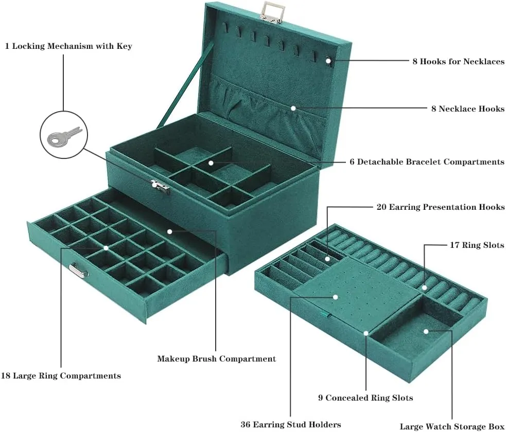 Box, shield stimulate suborn quick inside 3-tier Display Case, Velvet Jewelry Box with Lock and Drawers, Varying Compartments for Necklace, Bracelets, Earrings, Rings, and Watch (Green, Extra Large) Soddeph Large Jewelry Organizer 