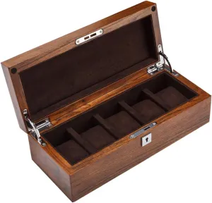 Box with Accessories Tray Wooden Exterior Soft Lining Interior with 5 Removable Cushions Metal Clasp Showcase for Men/Women (Brown) MUSUMI 5-Slot Watch Display stress Storage 