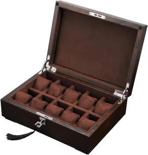 Boxes for Men/Women 10 Grids Jewelry Storage Case with Glass Lid depict Lockable Metal Lock Bracelet Tray Collection Display Organiser MUSUMI Elm Wood Watch 