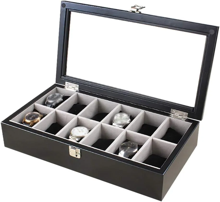Boxes Storage Luxury Jewelry Organizer Wooden Watch chronical reaction Display Case Storage with Removable 12 Watch Pillow and Glass Lid (Brown,Black,White) Watch 