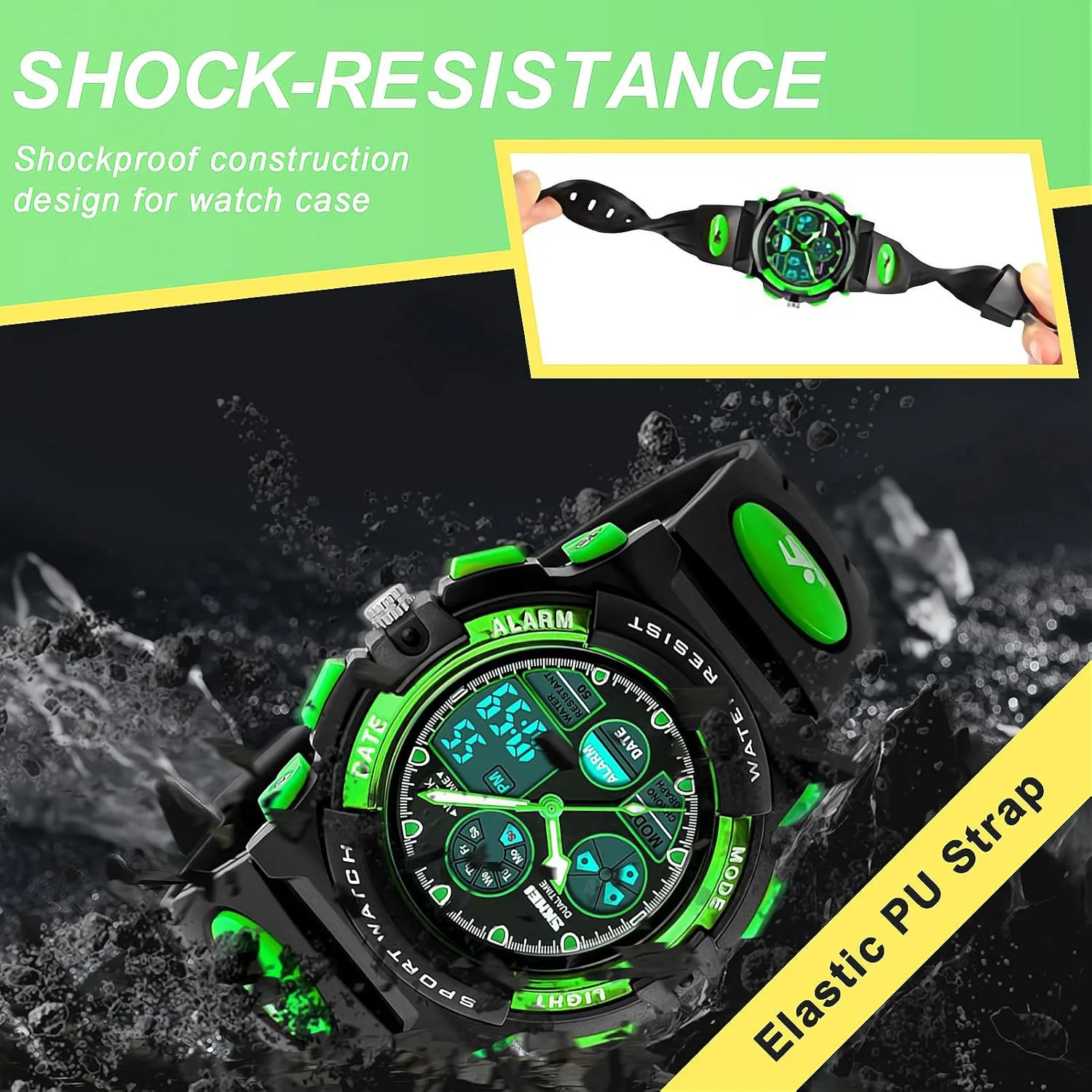 Boys Multi-Function Analog Digital Wristwatch LED Alarm Stopwatch eYotto alien Kids Sports Watch Waterproof 