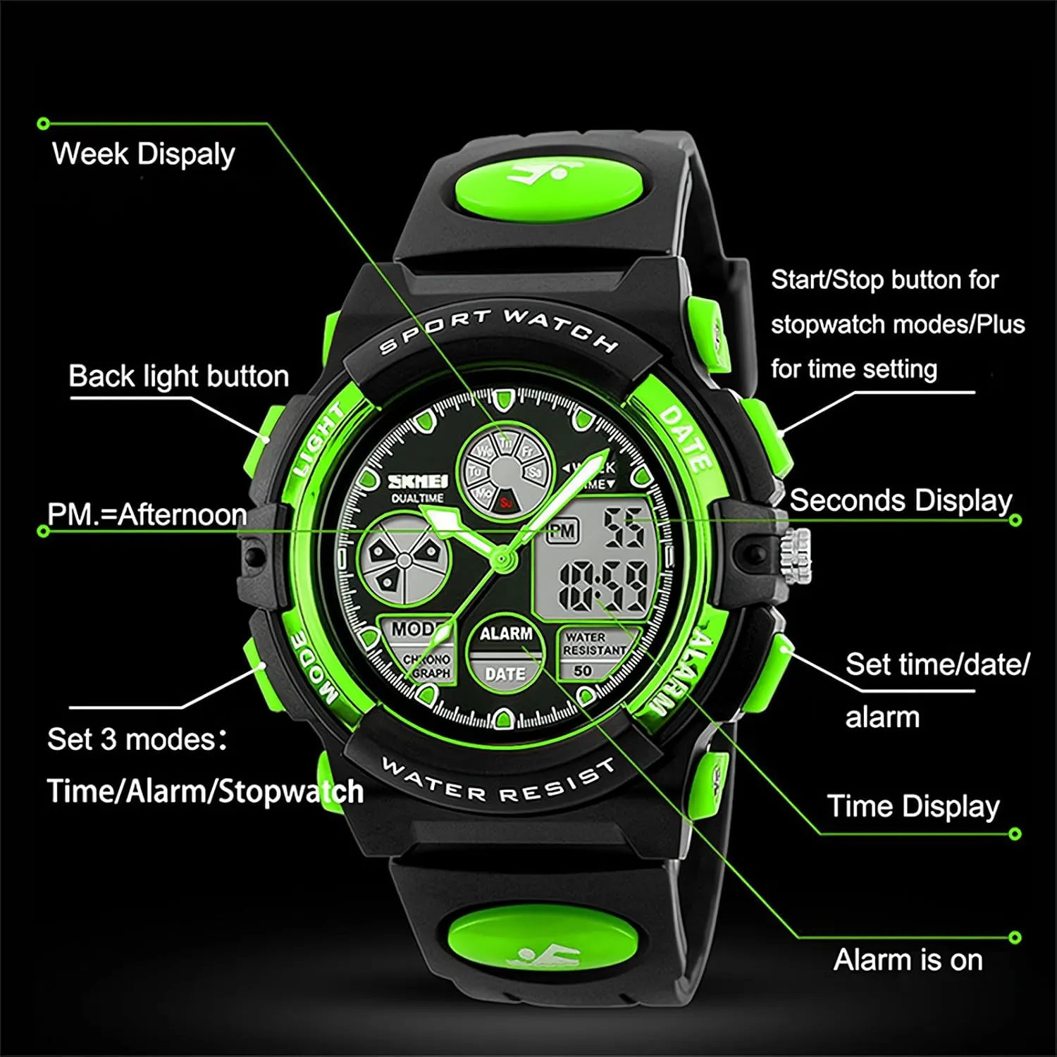 Boys Multi-Function Analog Digital Wristwatch LED Alarm Stopwatch eYotto alien Kids Sports Watch Waterproof 