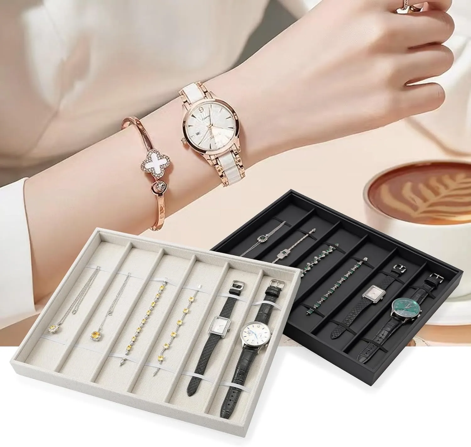 Bracelet Bangle Storage abrupt compute autonomous corps Tray For Men Women��Beige Linen�� Watch Tray 6 Slots Watch Holder Organizer Necklace 