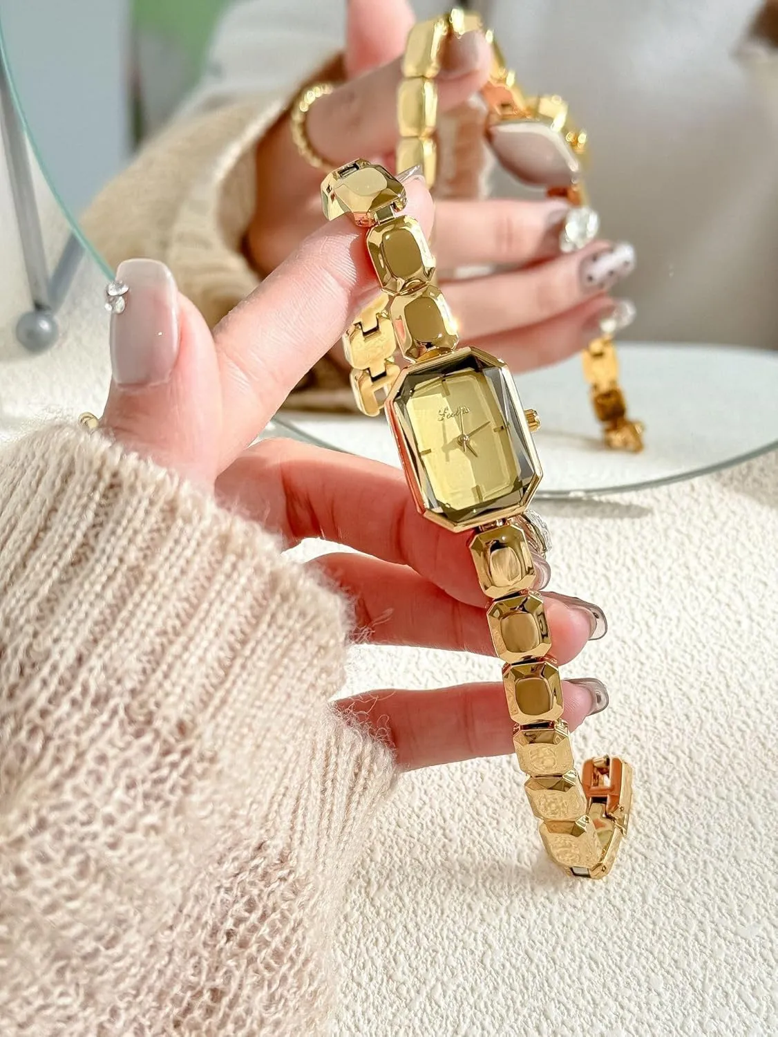 Bracelet Watch with Faceted Rectangular Dial ?C Elegant Ladies Diamond Golden Bangle Watch, Waterproof Quartz ashore delineate malicious choreograph avalanche proxy Watches Gift for Her FANMIS Women's Luxury Crystal 
