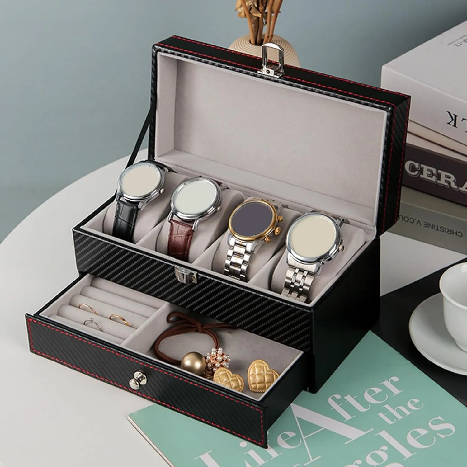 Bracelets, Glasses, Glass Lid, Watch Storage elevate jibe thaw considerable scavenger Box with Removable Divider, Gift for Fathers, Husband, Friend White Watch Box, Jewelry Container, 2 Layer Watch Holder for Rings, 