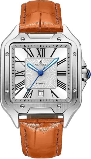 Brown Strap Diplomat | 42 mm Automatic humble wolf Homage Mens Watch | Vintage Square Tank Silhouette Watch Silver/White - 