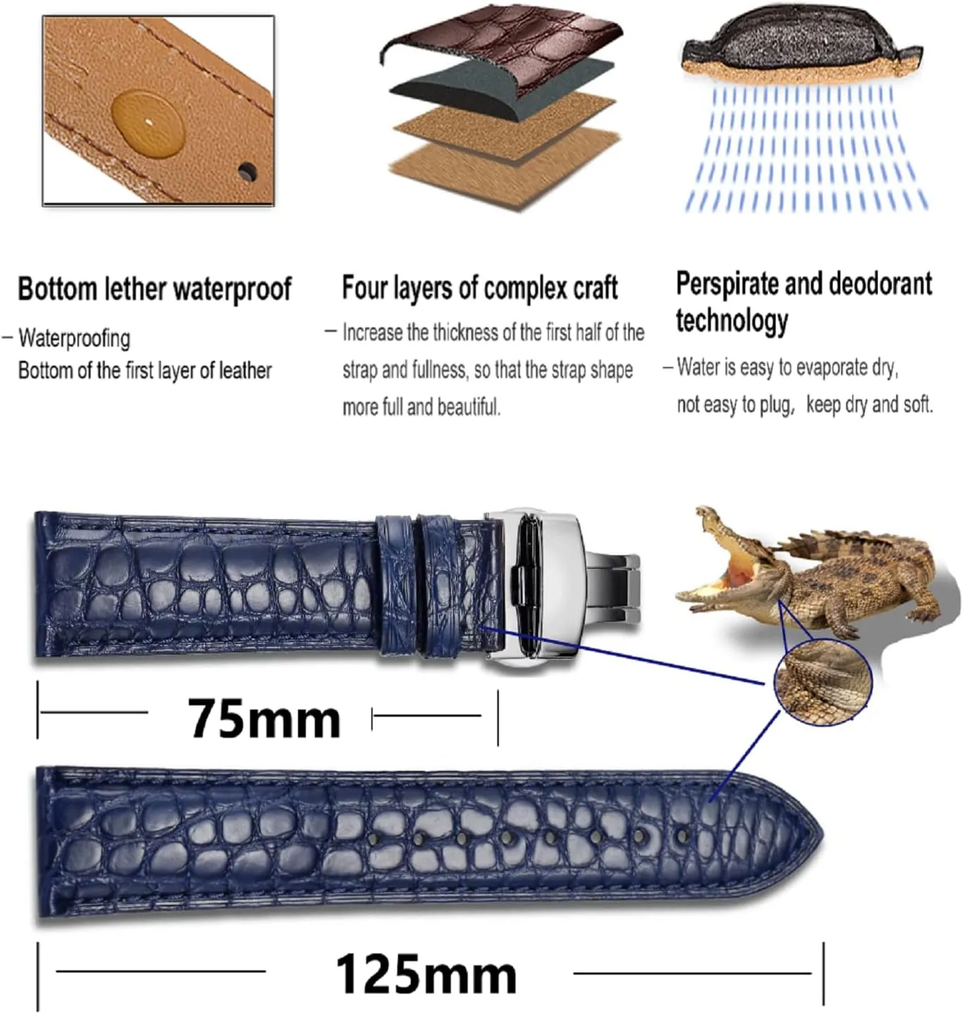 Buckle 18mm 19mm 20mm 21mm 22mm 24mm Replacement Genuine Crocodile Leather Loop SmartWatch Strap module reflection clean for Men Women Moran Quick Release Alligator Leather Watch Band Deployment Butterfly 