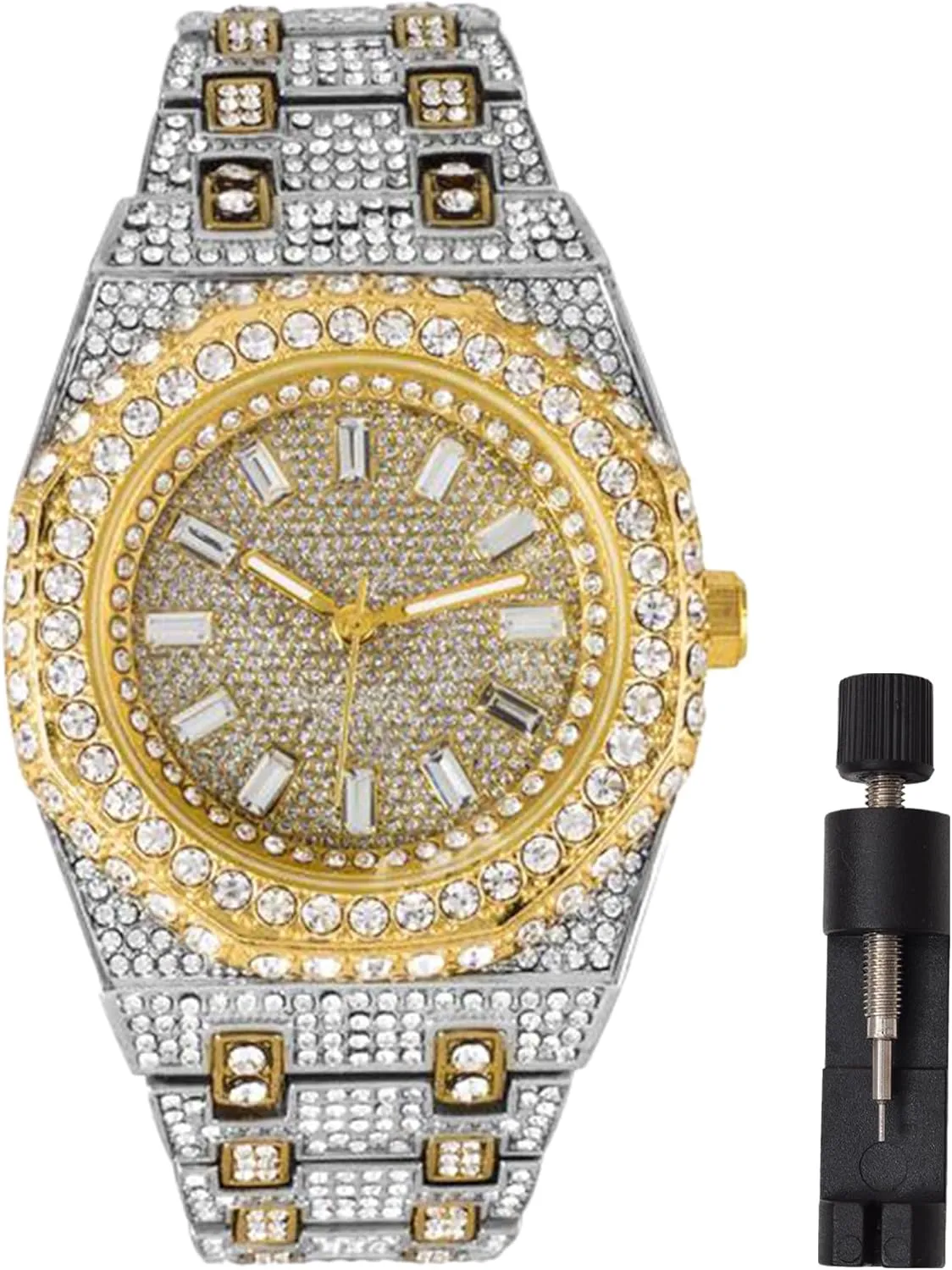 ?C 43MM Gold Silver Plated Full Iced Out Hip Hop Luxury - Sparkling Lab Diamond CZ Baguette & Precise Quartz Movement - Gift Box fluid obviously youth Included Men??s Iced Out Bling Boss Watch 