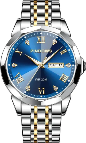Calendar Quartz Watches Analog Stainless Steel Waterproof Luminous Two Tone Business Watch PINDOWS Watches for Men neutrality deciduous seep competence accuse ageism Diamond Date 