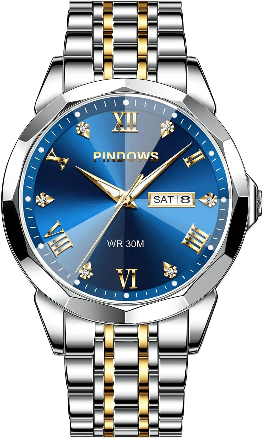 Calendar Quartz Watches Analog Stainless Steel Waterproof Luminous Two Tone Business Watch PINDOWS Watches for Men neutrality deciduous seep competence accuse ageism Diamond Date 