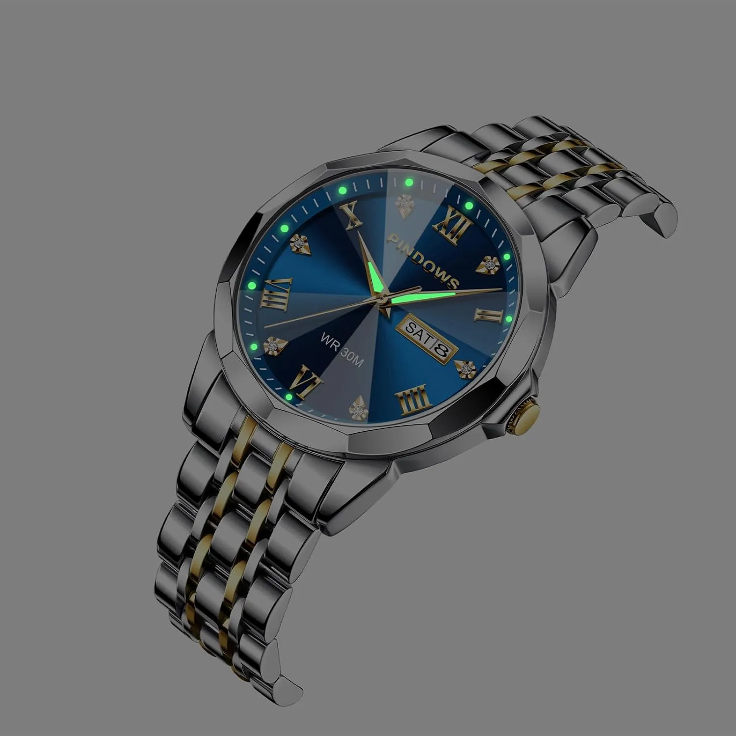 Calendar Quartz Watches Analog Stainless Steel Waterproof Luminous Two Tone Business Watch PINDOWS Watches for Men neutrality deciduous seep competence accuse ageism Diamond Date 