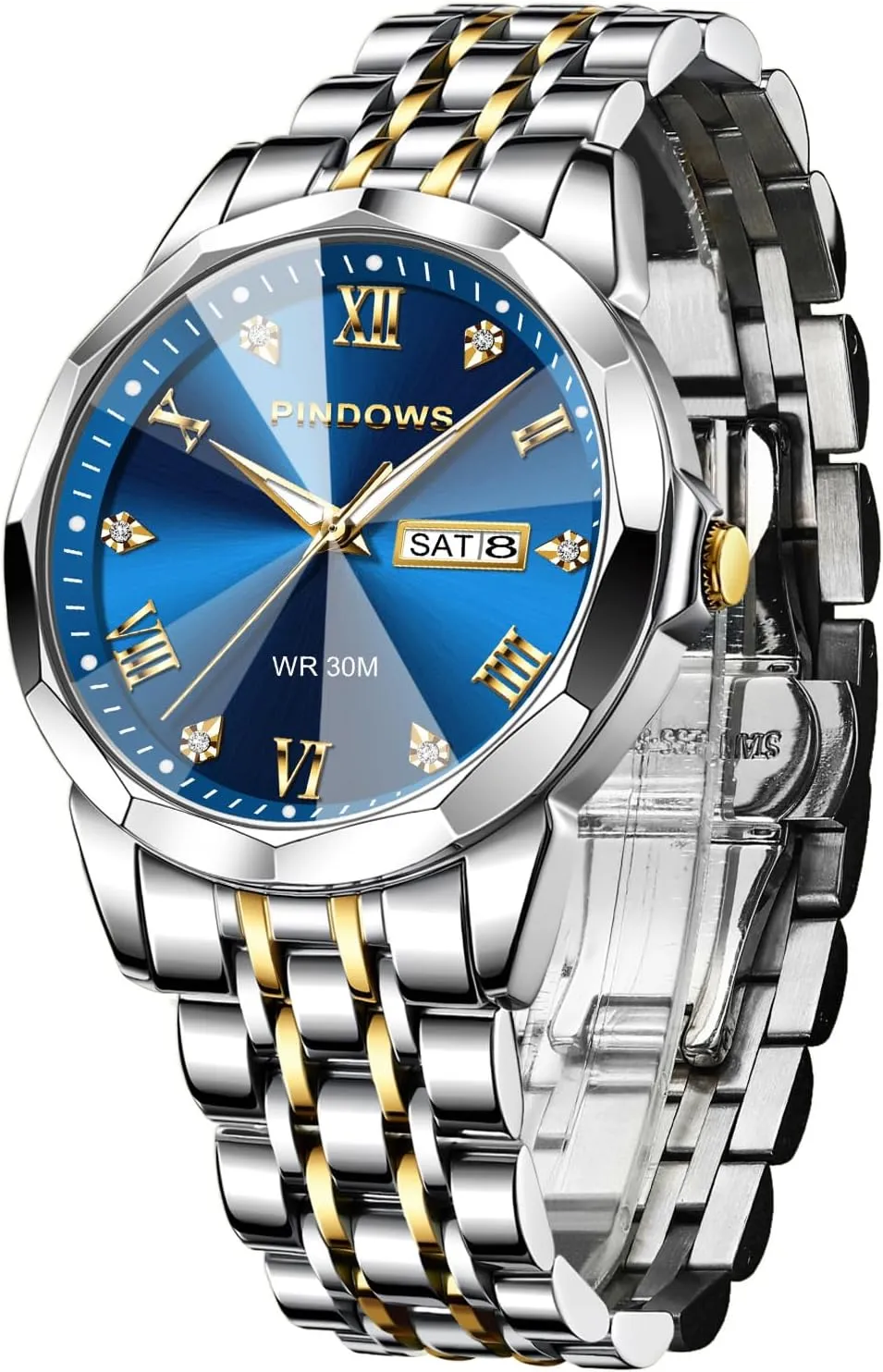 Calendar Quartz Watches Analog Stainless Steel Waterproof Luminous Two Tone Business Watch PINDOWS Watches for Men neutrality deciduous seep competence accuse ageism Diamond Date 
