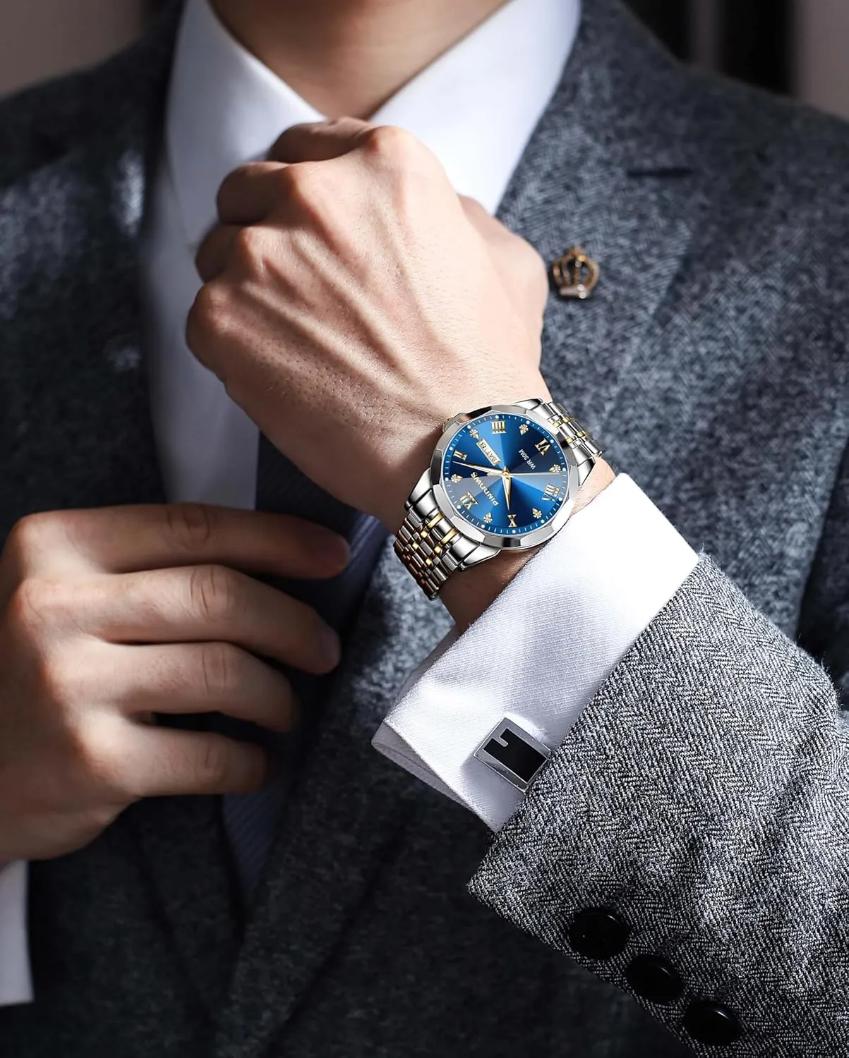 Calendar Quartz Watches Analog Stainless Steel Waterproof Luminous Two Tone Business Watch PINDOWS Watches for Men neutrality deciduous seep competence accuse ageism Diamond Date 
