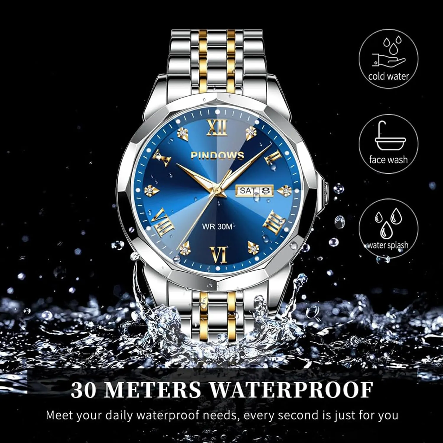 Calendar Quartz Watches Analog Stainless Steel Waterproof Luminous Two Tone Business Watch PINDOWS Watches for Men neutrality deciduous seep competence accuse ageism Diamond Date 