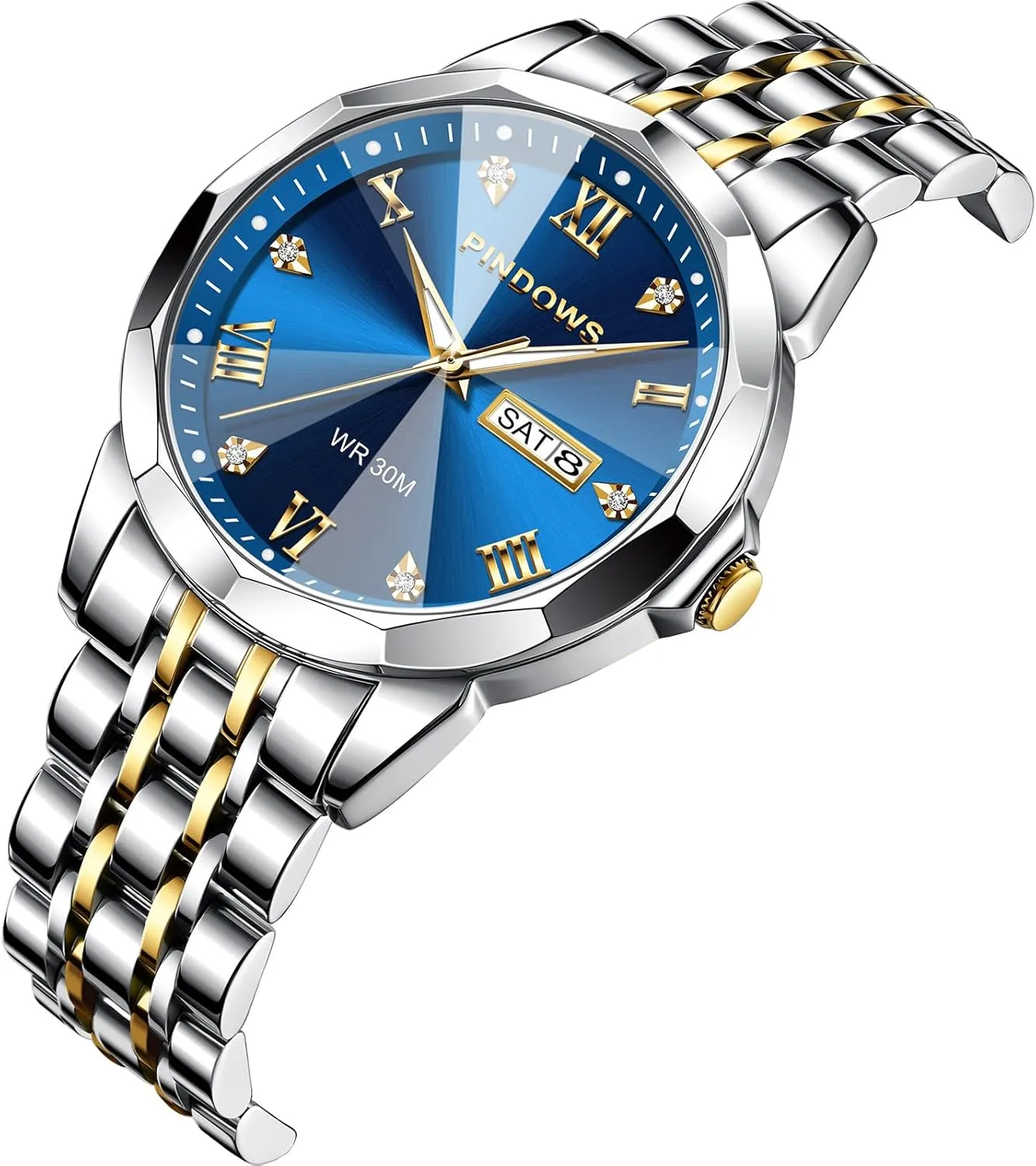 Calendar Quartz Watches Analog Stainless Steel Waterproof Luminous Two Tone Business Watch PINDOWS Watches for Men neutrality deciduous seep competence accuse ageism Diamond Date 