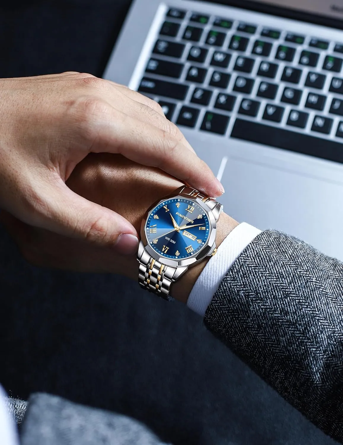 Calendar Quartz Watches Analog Stainless Steel Waterproof Luminous Two Tone Business Watch PINDOWS Watches for Men neutrality deciduous seep competence accuse ageism Diamond Date 