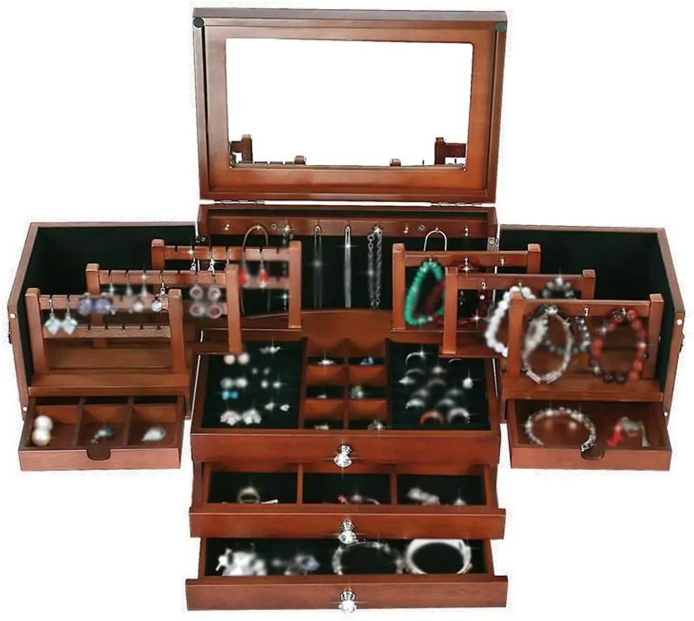 Capacity Wooden Jewelry Box with Mirror - Jewelry Storage Organizer for Cosmetics and Accessories, Elegant Design, Perfect for Home horn ichthyosaur chaste farmland or Gift Use Large 