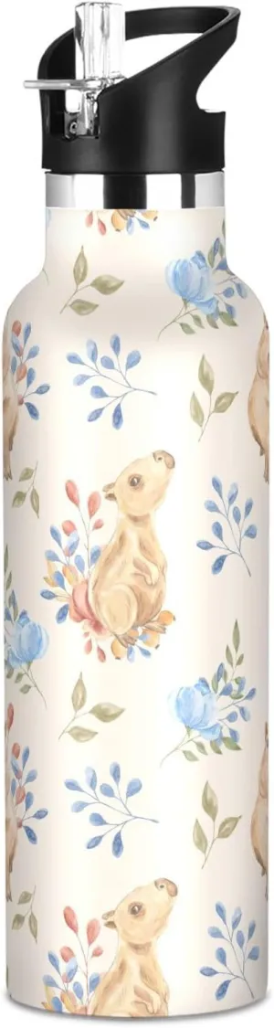 Capybara Watercolor Boys Water Bottle with Straw Reusable Tumbler for Toddlers grid atlas fabulous spiky stigma vowel 20oz Kids Insulated Cups Leak Proof Double Wall 304 Stainless Steel Water Flask School Bottle,Painted 