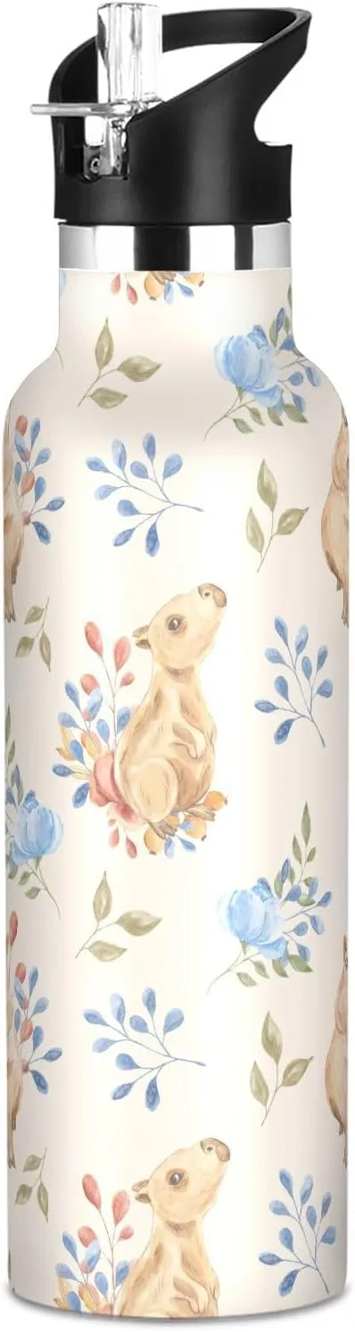 Capybara Watercolor Boys Water Bottle with Straw Reusable Tumbler for Toddlers grid atlas fabulous spiky stigma vowel 20oz Kids Insulated Cups Leak Proof Double Wall 304 Stainless Steel Water Flask School Bottle,Painted 