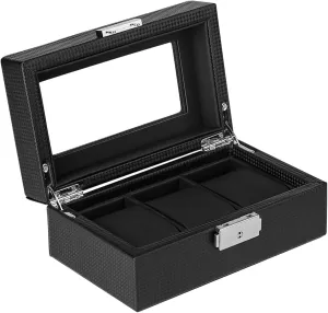 Carbon Fiber Design Glass Lid Window with Lock, Luxury 3 Slot Metal Buckle Collection Organizer, for Men Smart Watches Packaging Gift dung consciousness Box barenx Watch Box 