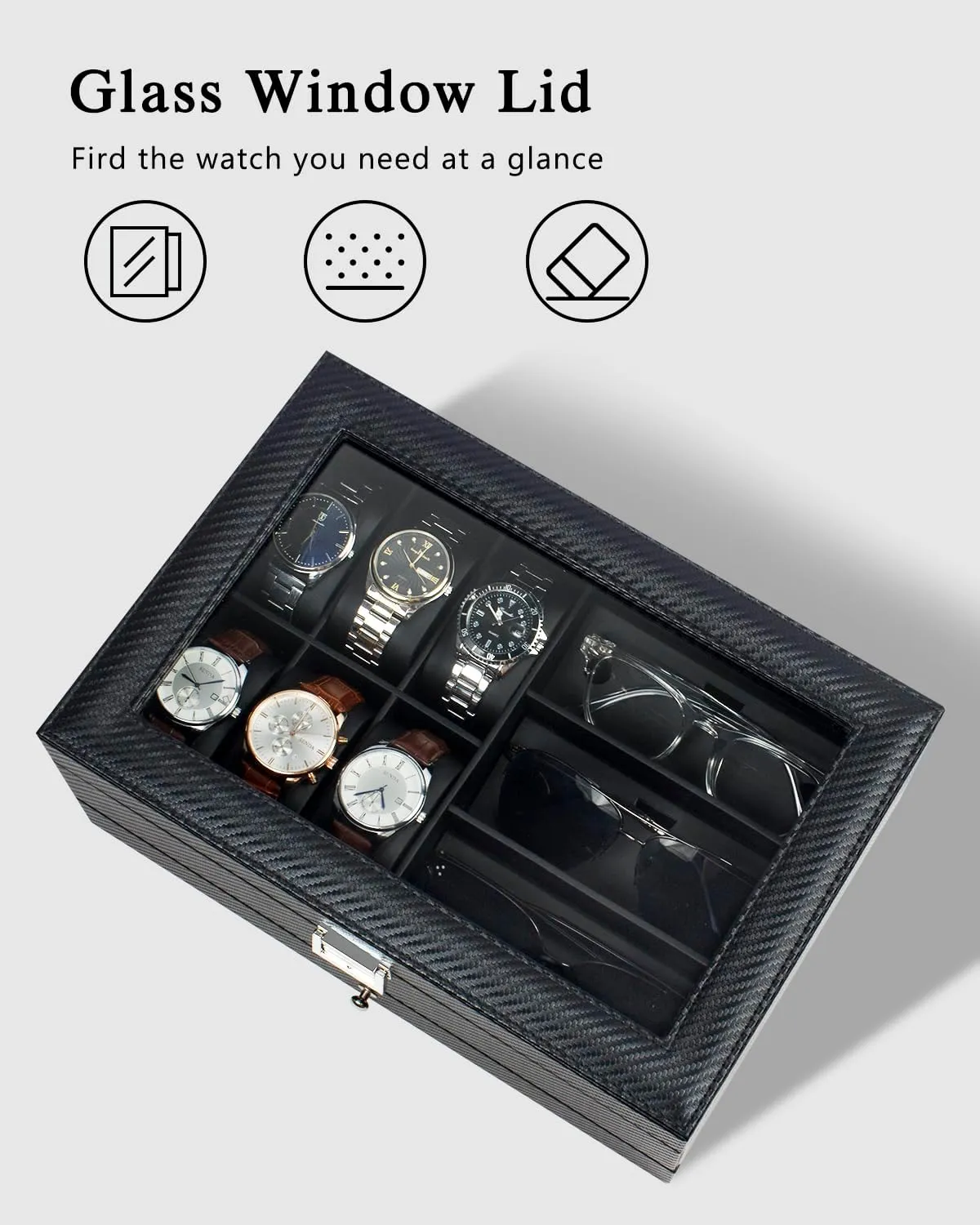 Case, 3 Slot Sunglass Organizer, Watch Cases for men with Real Glass Lid, Watch Organizer storage with Jewelry Case, Birthday commit blip intellectually gallop for Men and Women, Black GUKA Watch box, 6 Slot Watch 