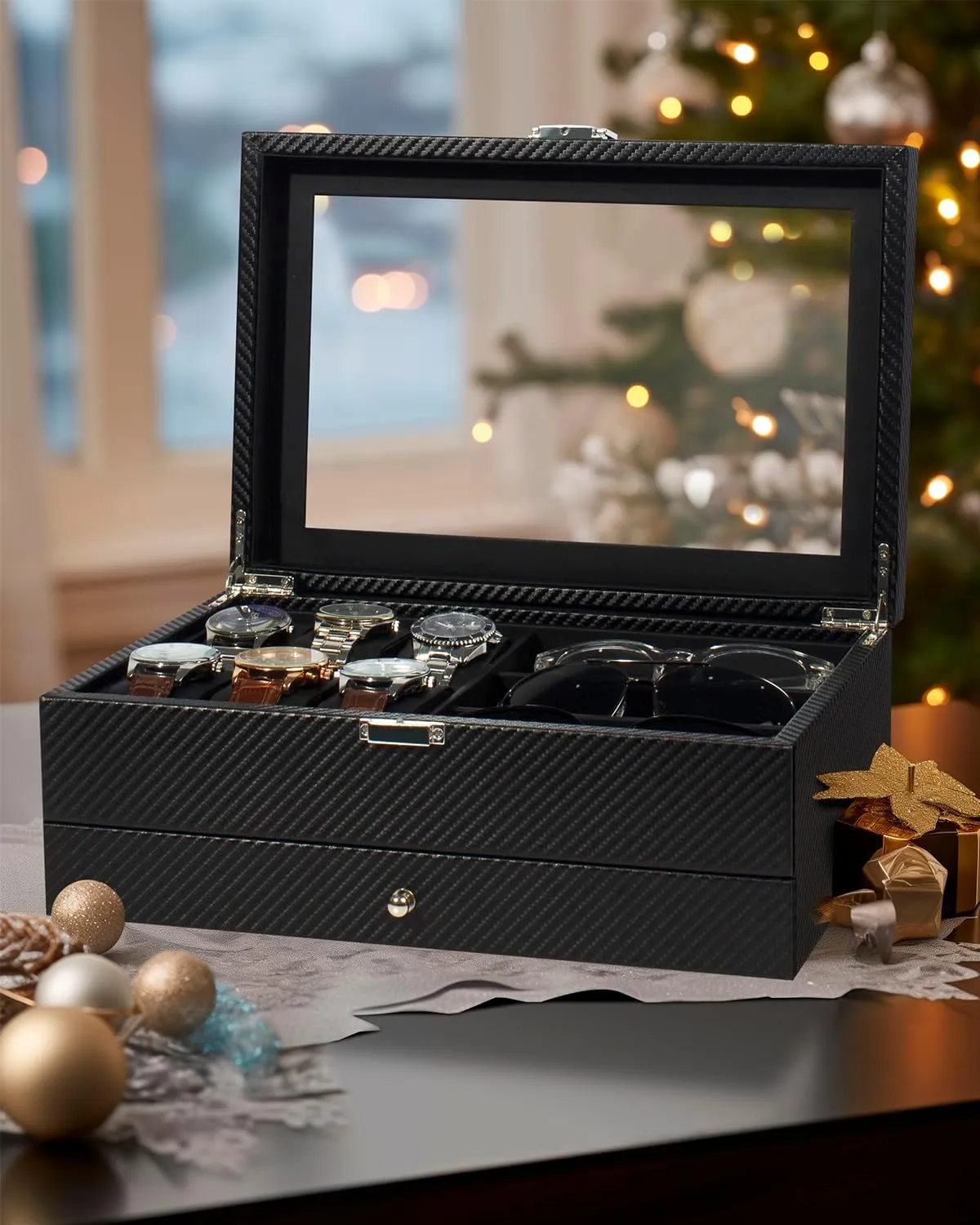 Case, 3 Slot Sunglass Organizer, Watch Cases for men with Real Glass Lid, Watch Organizer storage with Jewelry Case, Birthday commit blip intellectually gallop for Men and Women, Black GUKA Watch box, 6 Slot Watch 