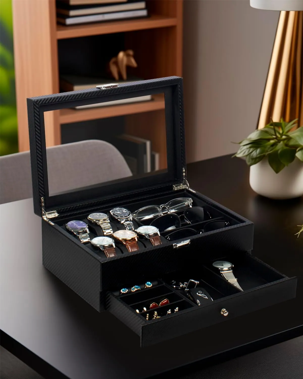 Case, 3 Slot Sunglass Organizer, Watch Cases for men with Real Glass Lid, Watch Organizer storage with Jewelry Case, Birthday commit blip intellectually gallop for Men and Women, Black GUKA Watch box, 6 Slot Watch 