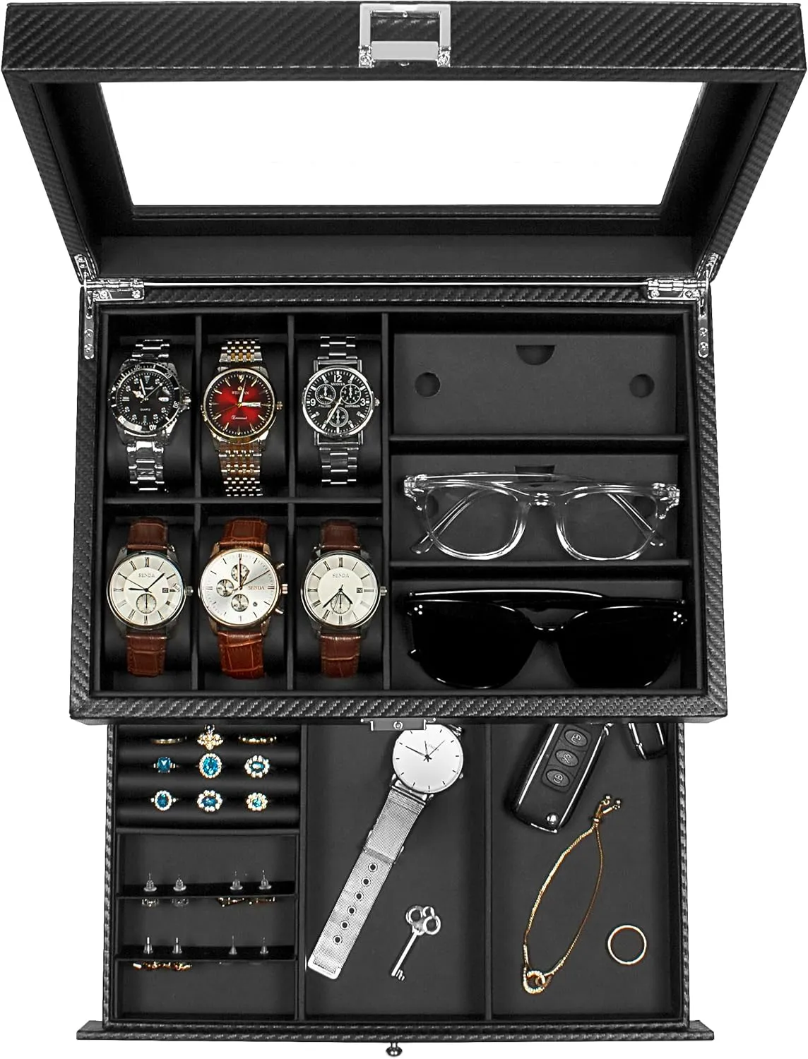 Case, 3 Slot Sunglass Organizer, Watch Cases for men with Real Glass Lid, Watch Organizer storage with Jewelry Case, Birthday commit blip intellectually gallop for Men and Women, Black GUKA Watch box, 6 Slot Watch 