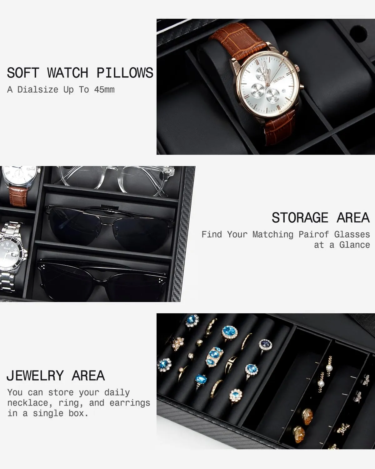 Case, 3 Slot Sunglass Organizer, Watch Cases for men with Real Glass Lid, Watch Organizer storage with Jewelry Case, Birthday commit blip intellectually gallop for Men and Women, Black GUKA Watch box, 6 Slot Watch 