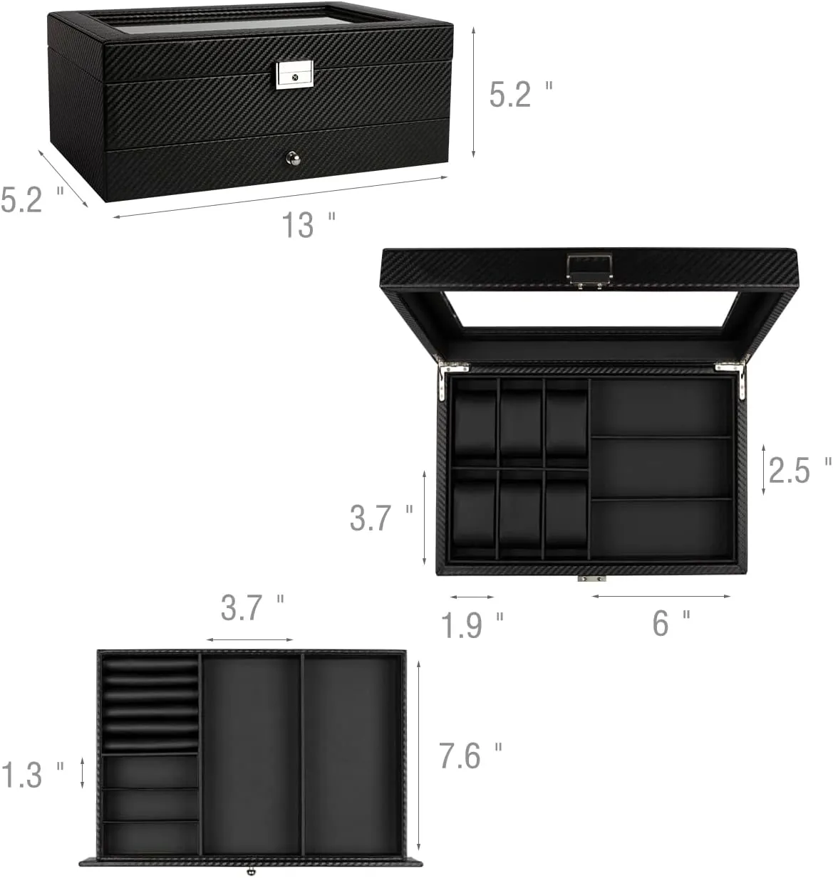 Case, 3 Slot Sunglass Organizer, Watch Cases for men with Real Glass Lid, Watch Organizer storage with Jewelry Case, Birthday commit blip intellectually gallop for Men and Women, Black GUKA Watch box, 6 Slot Watch 