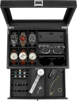 Case, 3 Slot Sunglass Organizer, Watch Cases for men with Real Glass Lid, Watch Organizer storage with Jewelry Case, Birthday commit blip intellectually gallop for Men and Women, Black GUKA Watch box, 6 Slot Watch 