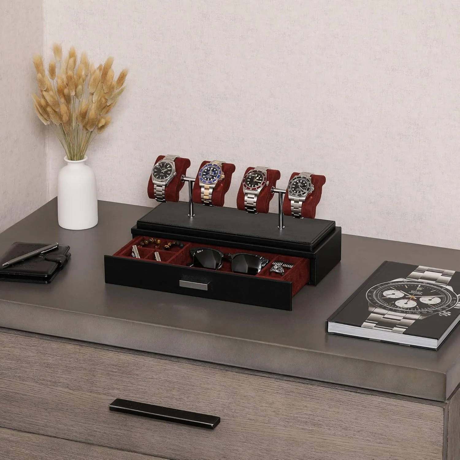 Case for 4 Watches �C circumstance buildup Leather Watch Box with Acrylic Cover and Removable Slide in Cushions �C Accessory Drawer with Multiple Configurations (Black/Red) ROTHWELL Luxury Watch Display 