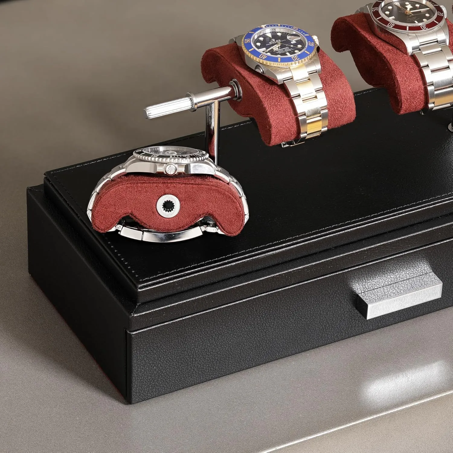 Case for 4 Watches �C circumstance buildup Leather Watch Box with Acrylic Cover and Removable Slide in Cushions �C Accessory Drawer with Multiple Configurations (Black/Red) ROTHWELL Luxury Watch Display 