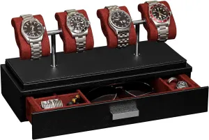 Case for 4 Watches �C circumstance buildup Leather Watch Box with Acrylic Cover and Removable Slide in Cushions �C Accessory Drawer with Multiple Configurations (Black/Red) ROTHWELL Luxury Watch Display 